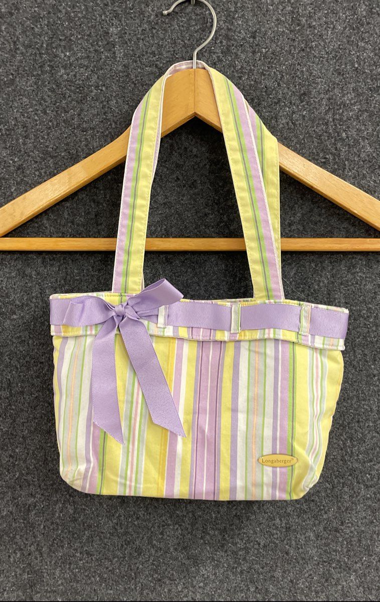 Longaberger Purple Yellow Striped Canvas Fabric Tote Bag Small Ribbon Bow