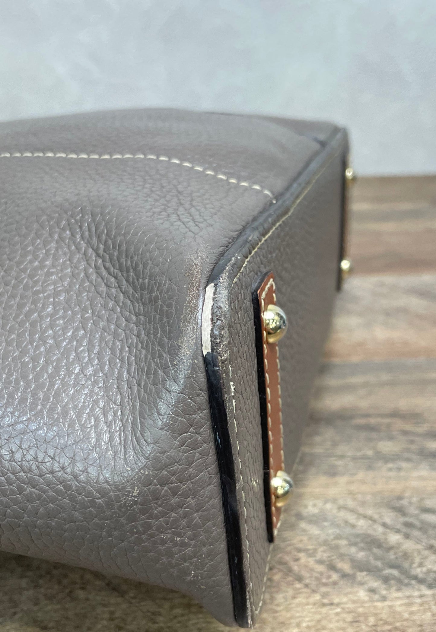 Dooney & Bourke Grey Pebbled Leather Zip Top Tote Bag Tan Trim Gold Hardware