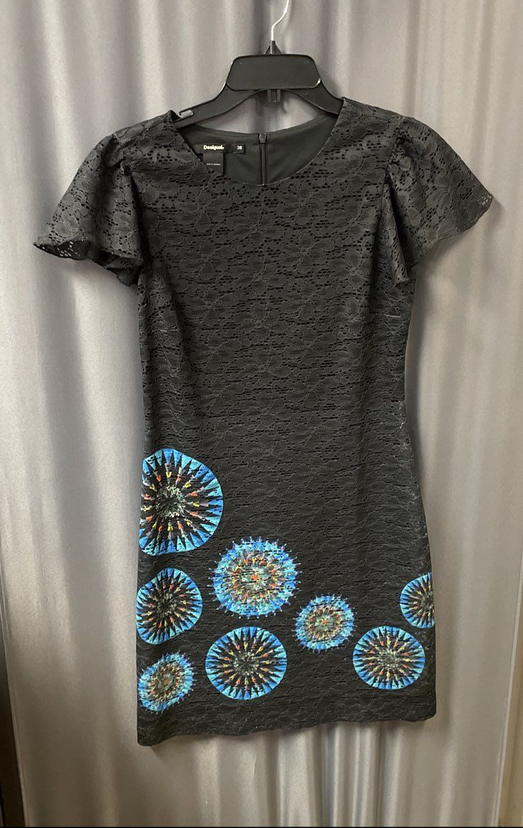 Desigual Women's Black Lace Graphic Mandala Circle Shift Dress Sz 38