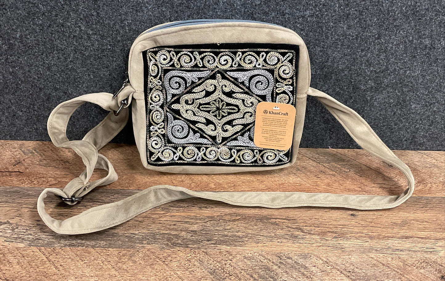 KhanCraft Tan Velvet Hand Embroidered Crossbody Bag Western Mongolia NWT