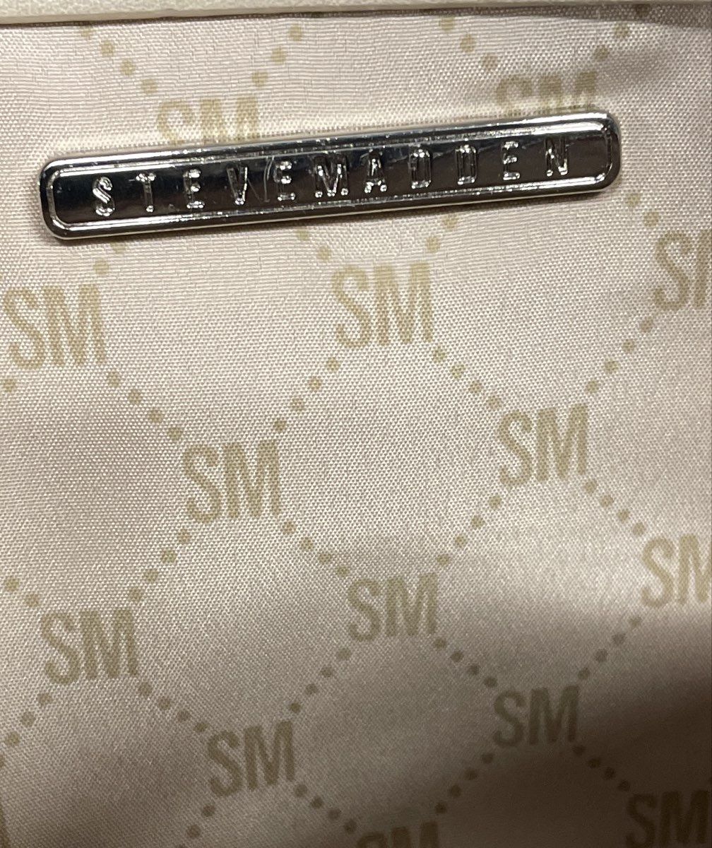 Steve Madden Brown Grained Leather Dome Crossbody Bag Wide Logo Guitar Strap