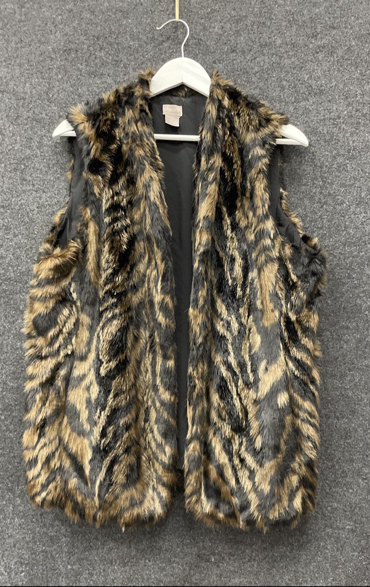 Chico's Women's Faux Fur Vest Brown Black Tiger Stripe Animal Print Sz 2 (12/14)