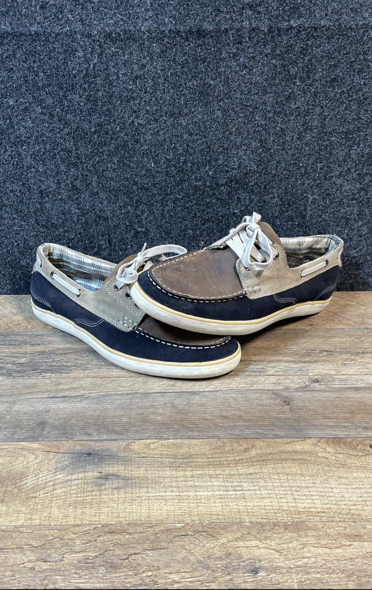 Clarks Brown Tan Navy Suede Leather Moc Toe Boat Shoes Men's Size 10.5