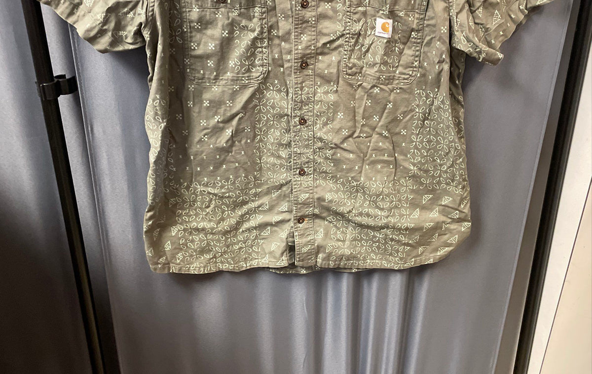 Carhartt Men's Green Pattern Short Sleeve Button Up Relaxed Fit Shirt Sz XL