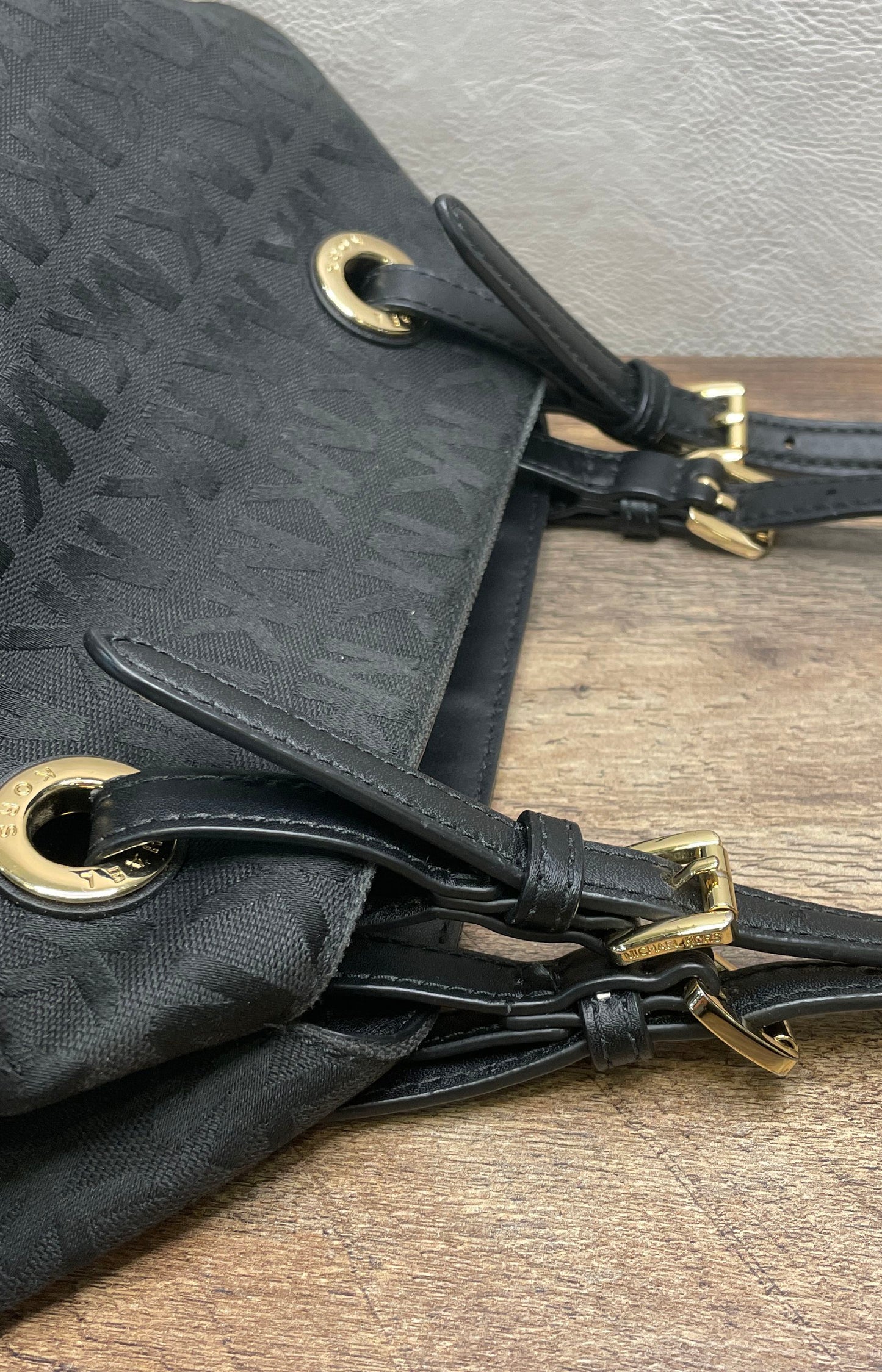 Michael Kors Black Monogram Canvas Leather Tote Bag Gold Hardware