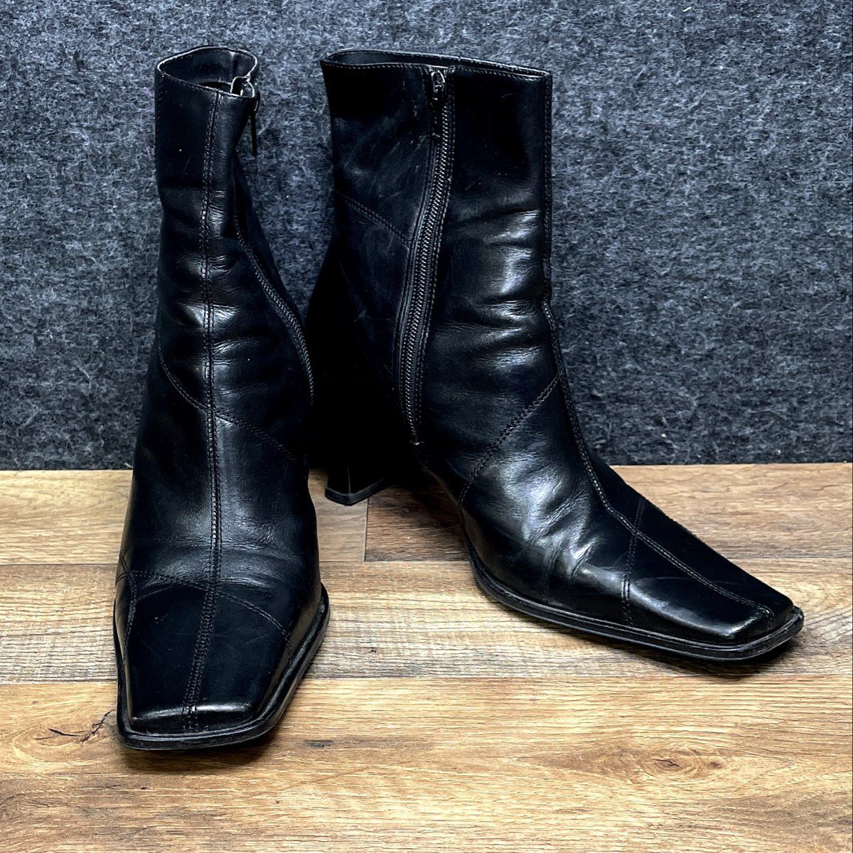 Vintage 90s Maripe Black Leather Square Toe Heeled Ankle Boots Size 9.5