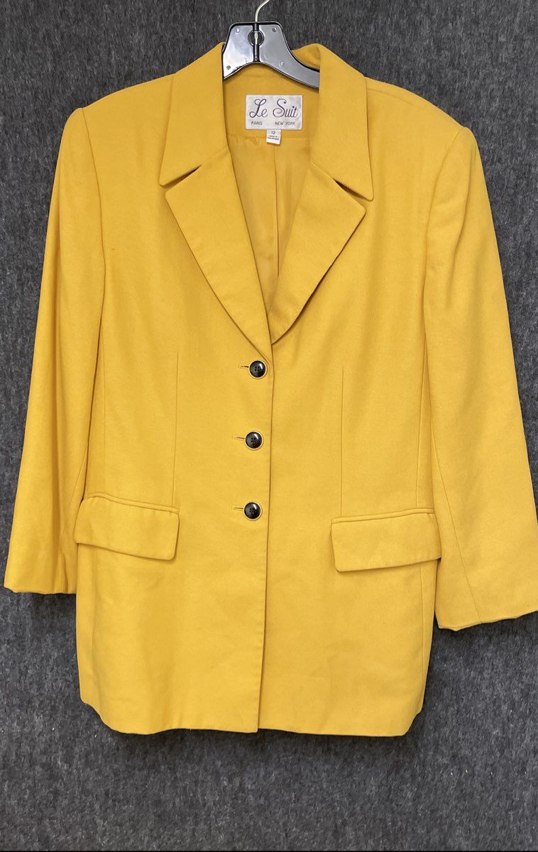 Vintage 90s Le Suit Women's Yellow 3-Button Longline Blazer Jacket Size 12