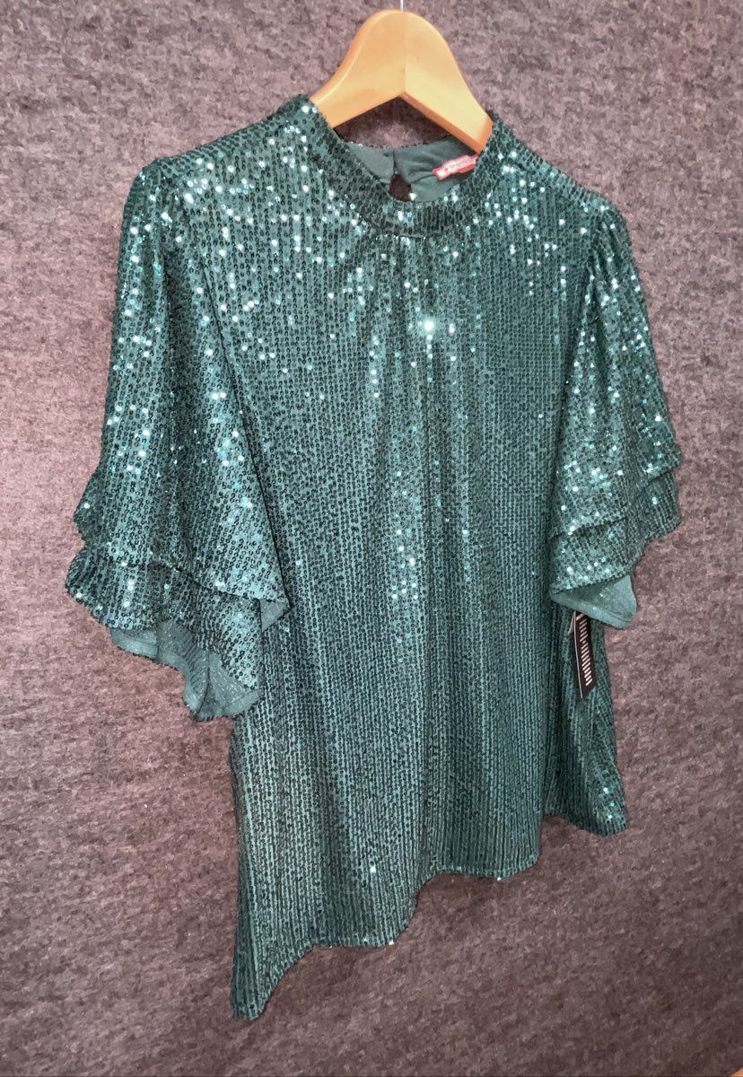 Joe Browns Women's Green Sequin Mock Neck Blouse Tiered Ruffle Sleeve Sz M NWT