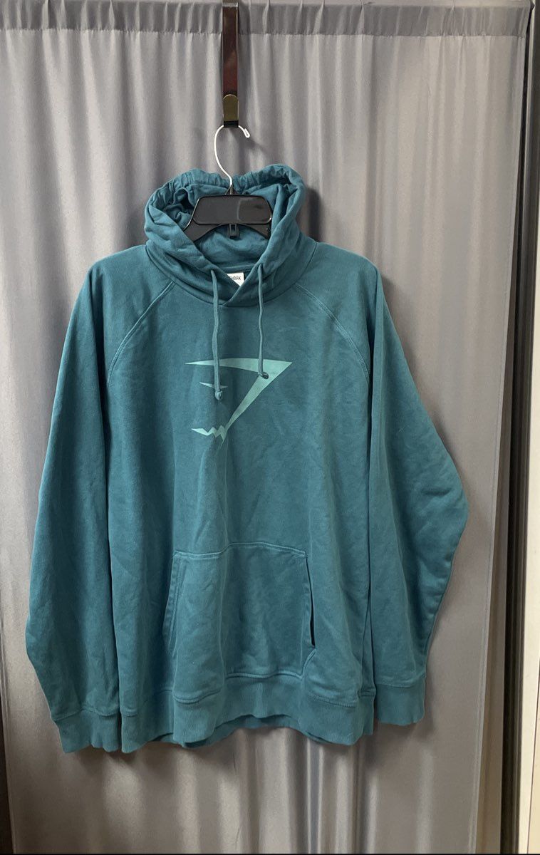 Gymshark Men's Teal Pullover Hoodie Shark Logo Graphic Sweatshirt Sz XXL