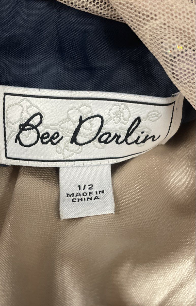 Bee Darlin Women's Navy Blue Nude Beaded Illusion Tiered Tulle Dress Sz 1/2