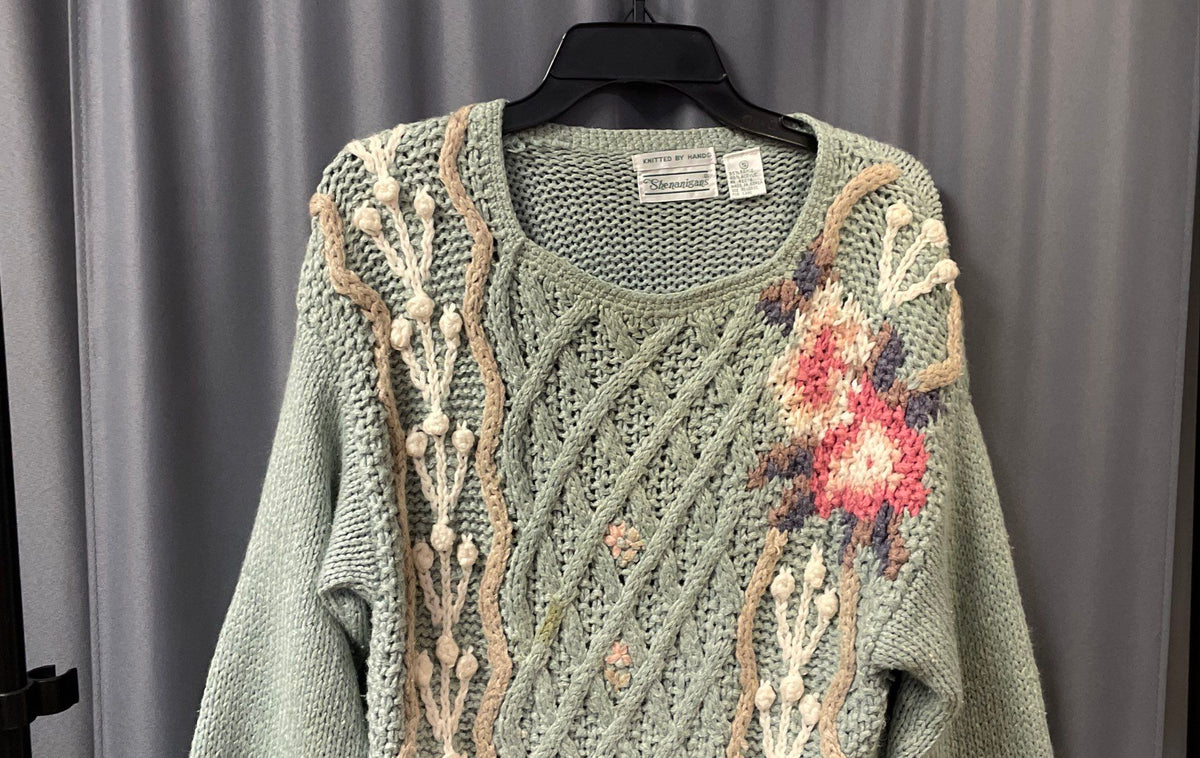 Vintage 90s Shenanigans Women's Sea Foam Floral Hand Knit Sweater Dress Sz S