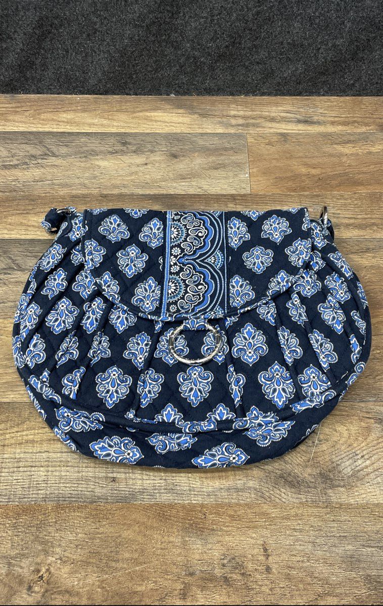 Vera Bradley Navy Blue Quilted Paisley Cotton Crossbody Shoulder Bag Silver Ring