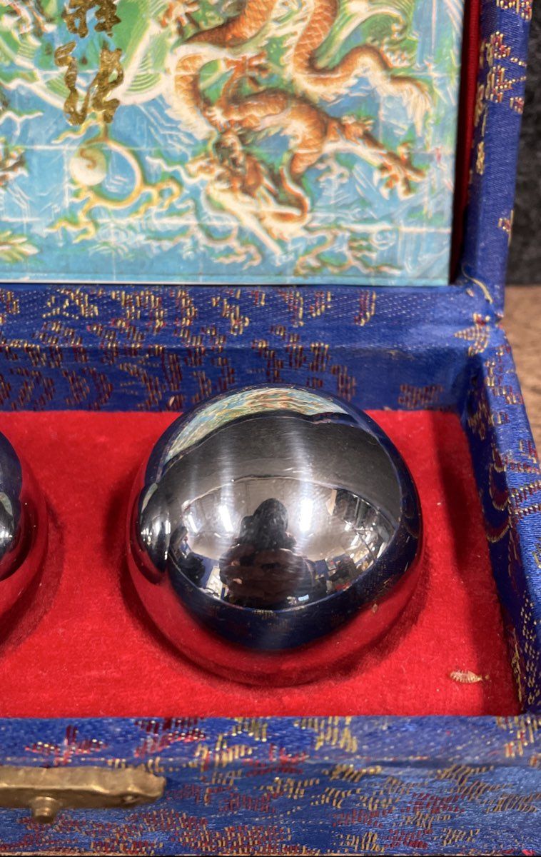 Vintage Chinese Baoding Health Balls Metal Chime Dragon Brocade Box Complete
