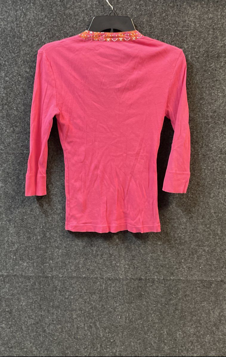 Tory Burch Women's Pink Ribbed Knit 3/4 Sleeve Geometric Trim Split Neck Top S