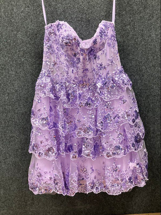 Stacees Women's Lilac Sequined Floral Lace Tiered Corset Back Mini Dress NWT 0