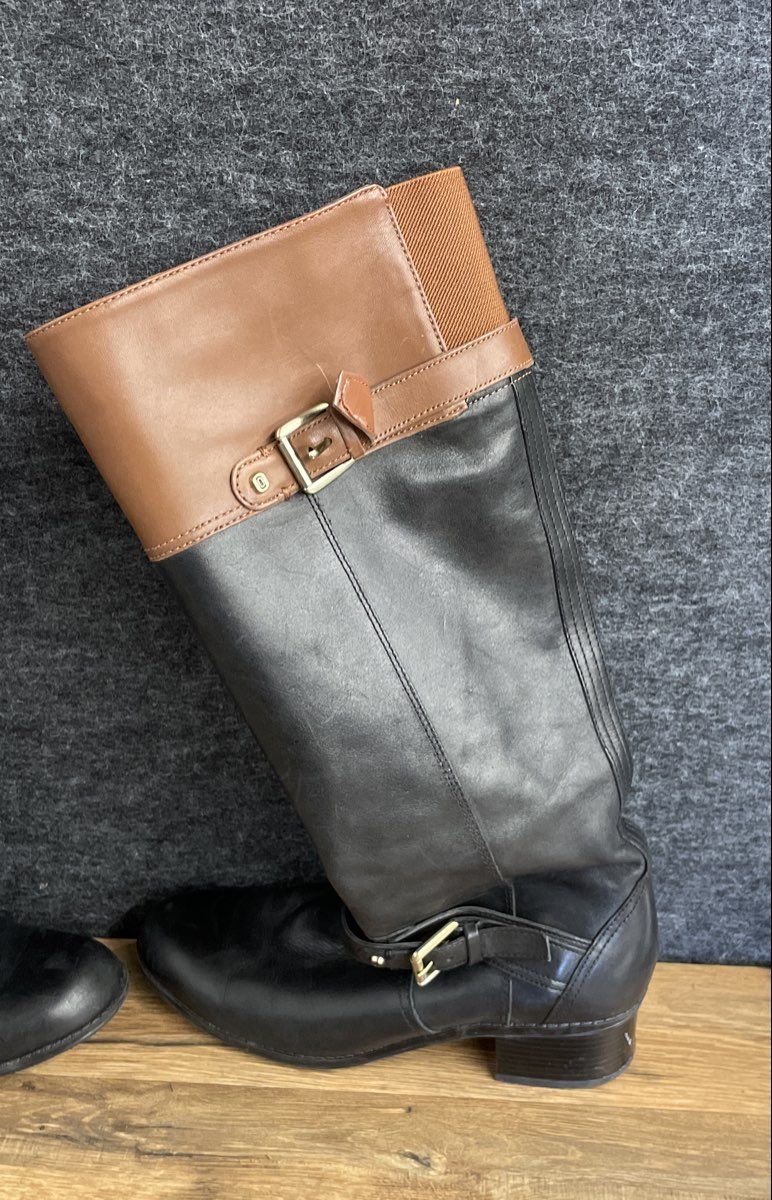 Bandolino Coppa Two-Tone Black Brown Leather Riding Boots Women's Size 7.5