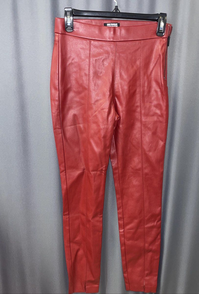 Zara Trafaluc Women's Red Faux Leather Leggings Side Zip Split Hem Sz S