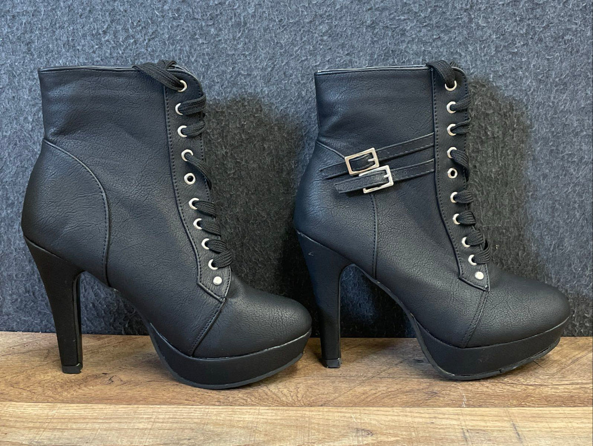 Tonglida Black Lace-Up Platform Stiletto Heel Ankle Boots Size 7.5