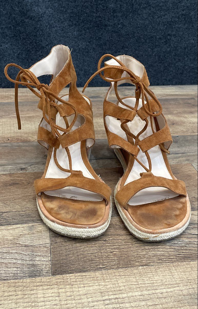 Pelle Moda Rust Brown Suede Lace Up Espadrille Wedge Sandals Size 10M