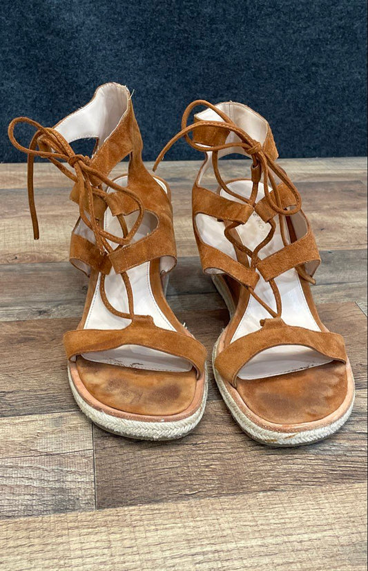 Pelle Moda Rust Brown Suede Lace Up Espadrille Wedge Sandals Size 10M