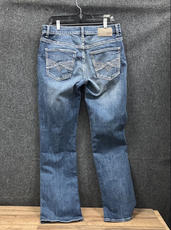 BKE Men's Aiden Straight Leg Blue Jeans Distressed Faded Whiskered Sz 32x32