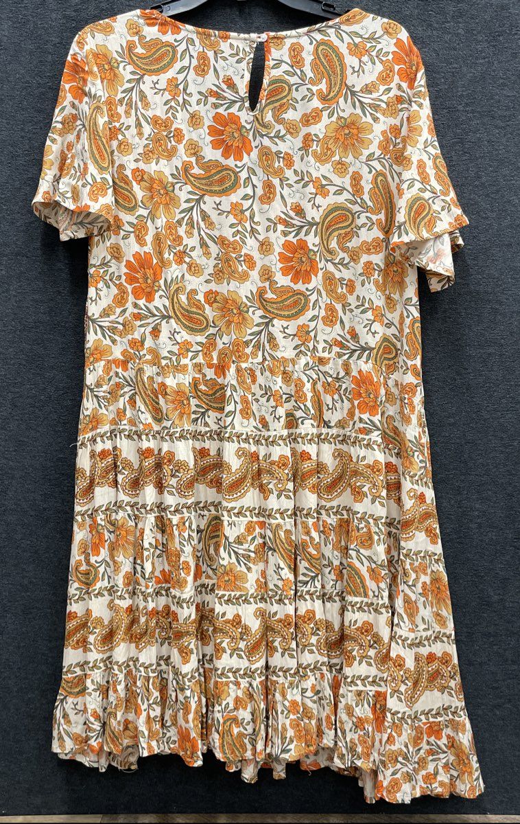 Bila Women's Tiered Boho Dress Orange Paisley V-Neck Short Sleeve Rayon Sz M