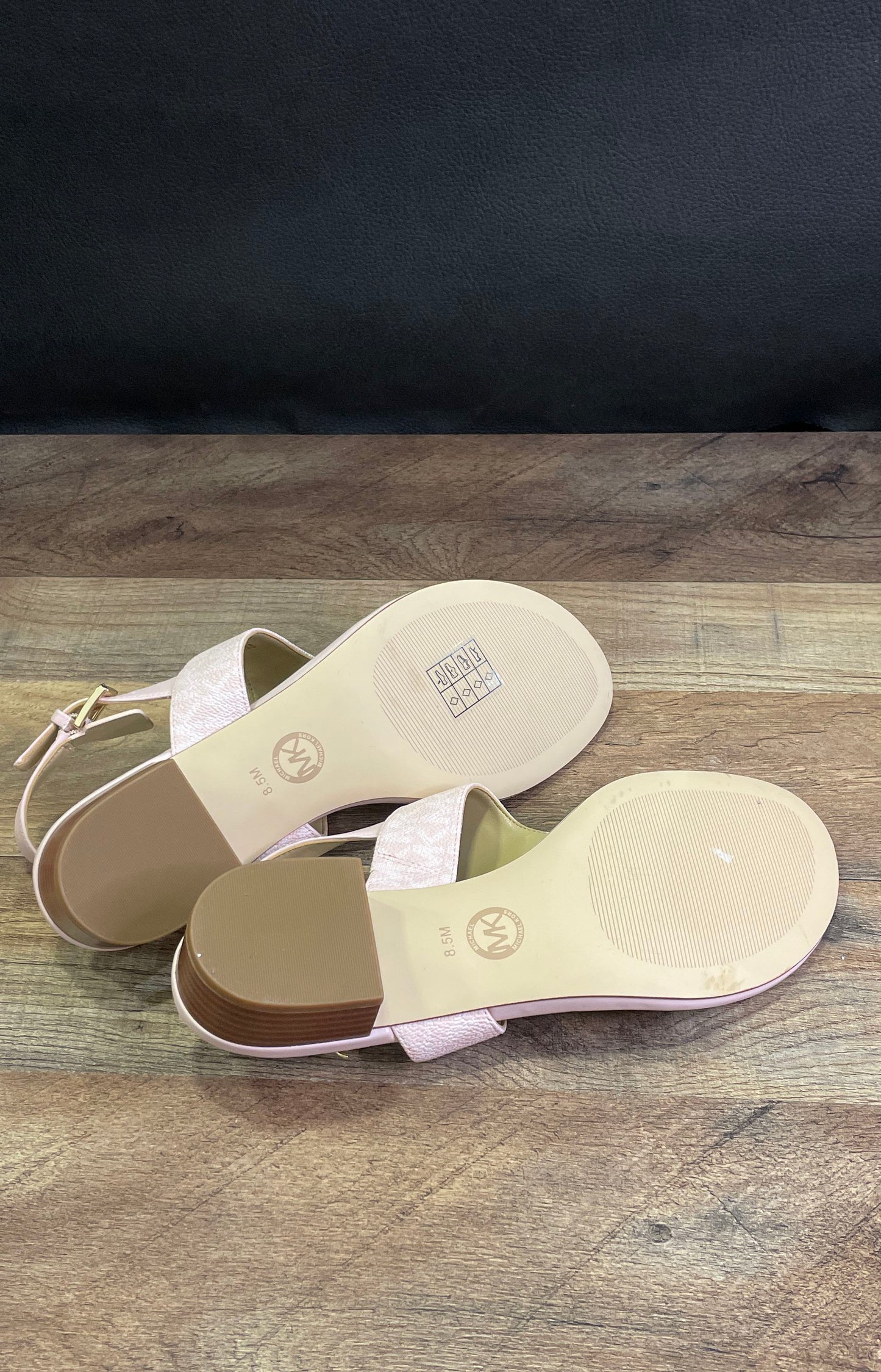 Michael Kors Jilly Pale Pink Monogram T-Strap Wedge Sandals Women's Size 8.5