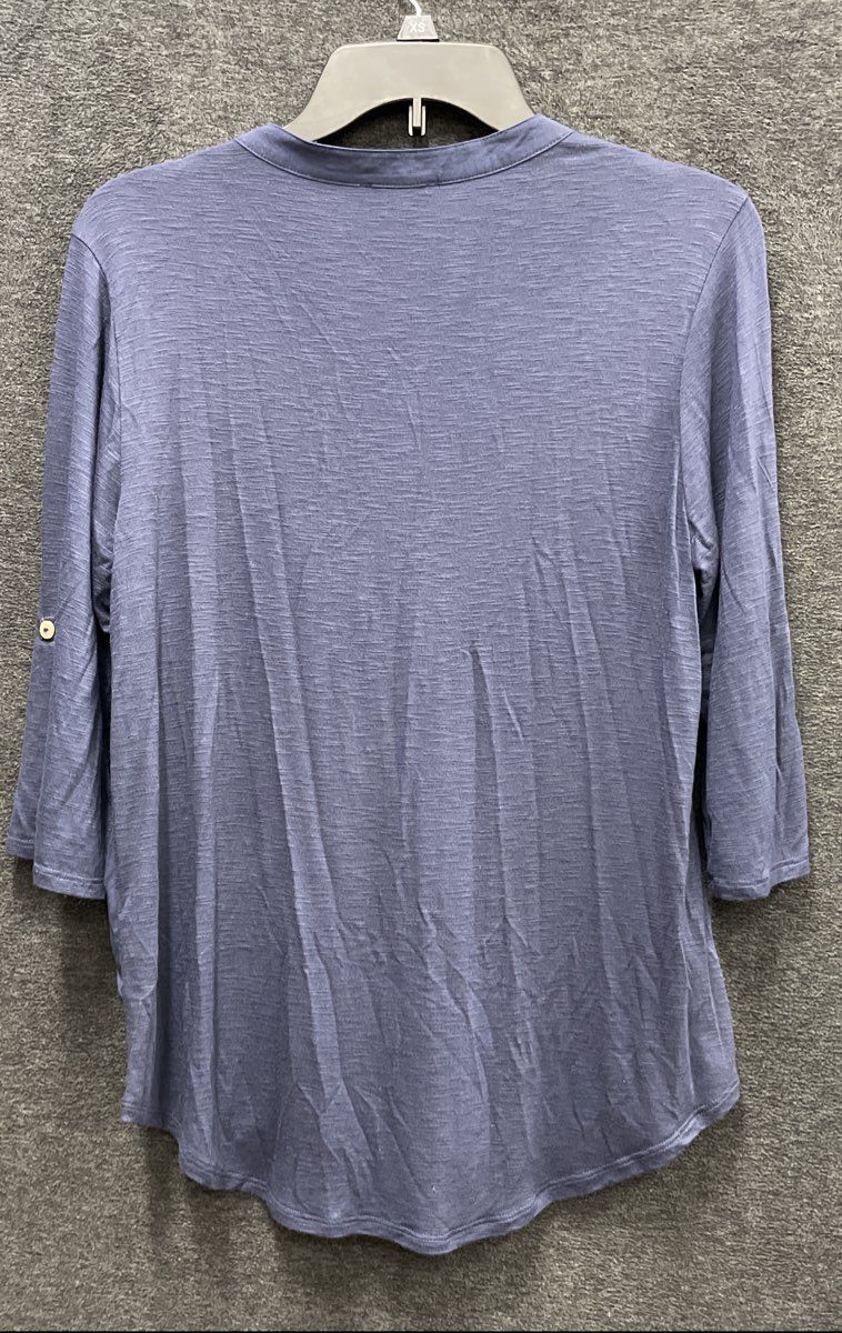 Democracy Women's Blue Embroidered Crochet 3/4 Roll-Tab Sleeve Slub Top Size S