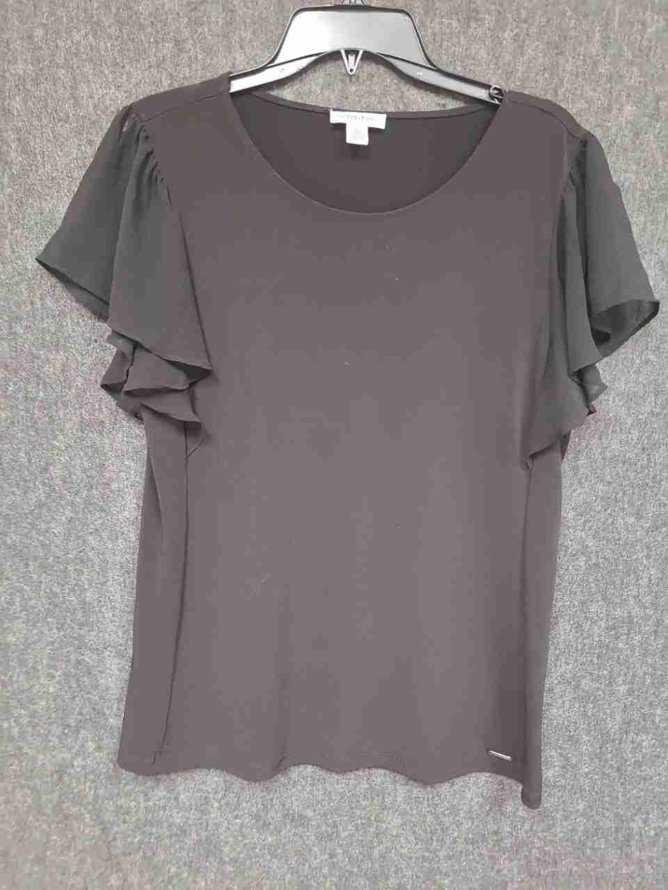 Calvin Klein Women's Black Flutter Ruffle Sleeve Round Neck Blouse Top Sz S