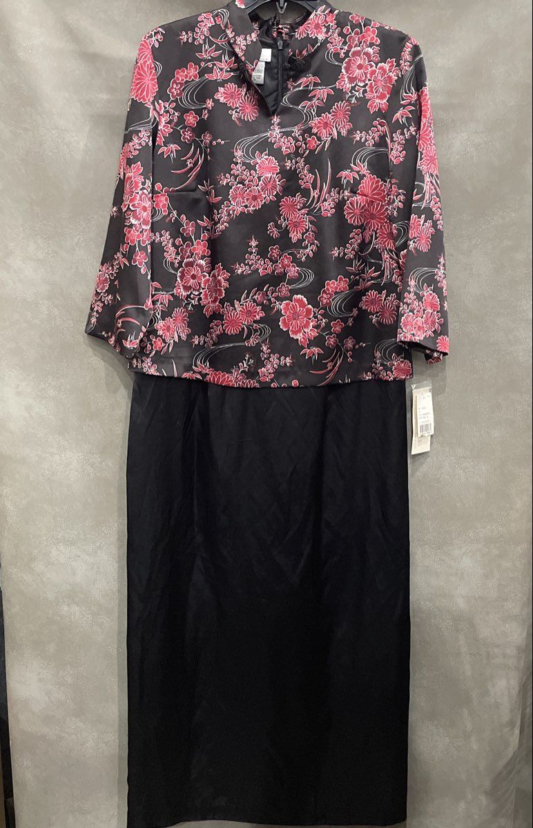 Vintage 90s AGB Women's Asian Floral Mandarin Collar Maxi Dress Sz 10 NWT