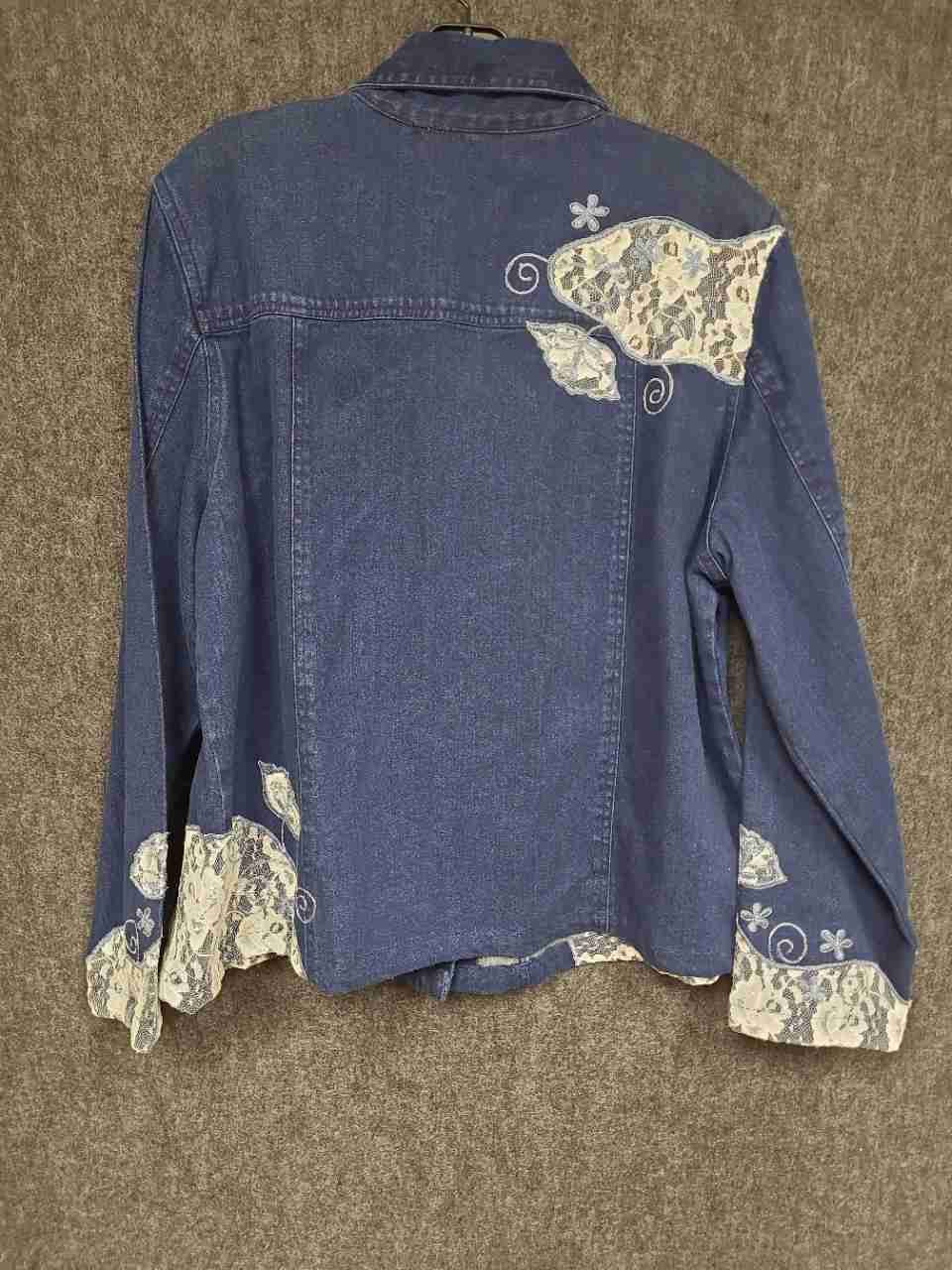 Choices Women's Blue Denim Jacket Lace Applique Floral Embroidery Sz XL