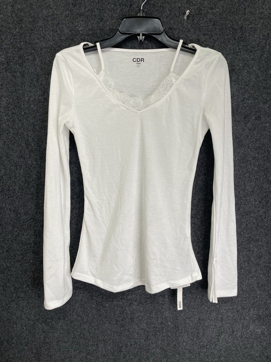 Cider Women's White Long Sleeve Lace Trim Layered Strappy V-Neck Top Sz S NWT