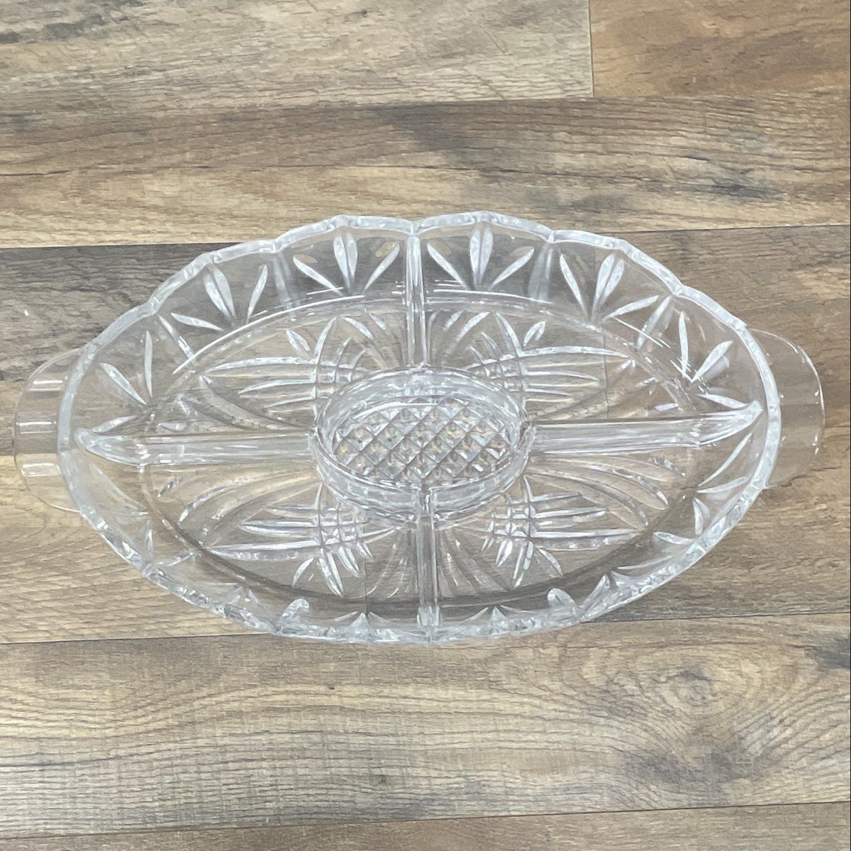 Pressed Glass Divided Relish Dish Starburst & Diamond Pattern Tray 16" Vintage