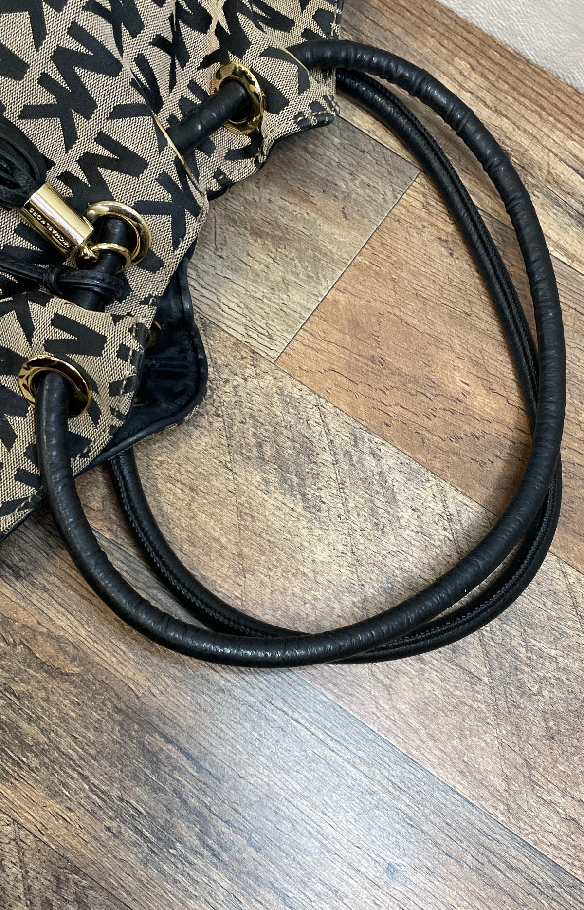 Michael Kors Black Beige Signature MK Monogram Canvas Tote Shoulder Bag