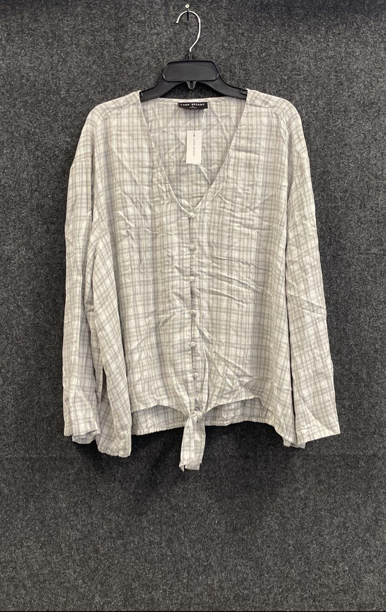 Lane Bryant Women's Gray White Plaid Metallic Tie Front Button Up Shirt Sz 24