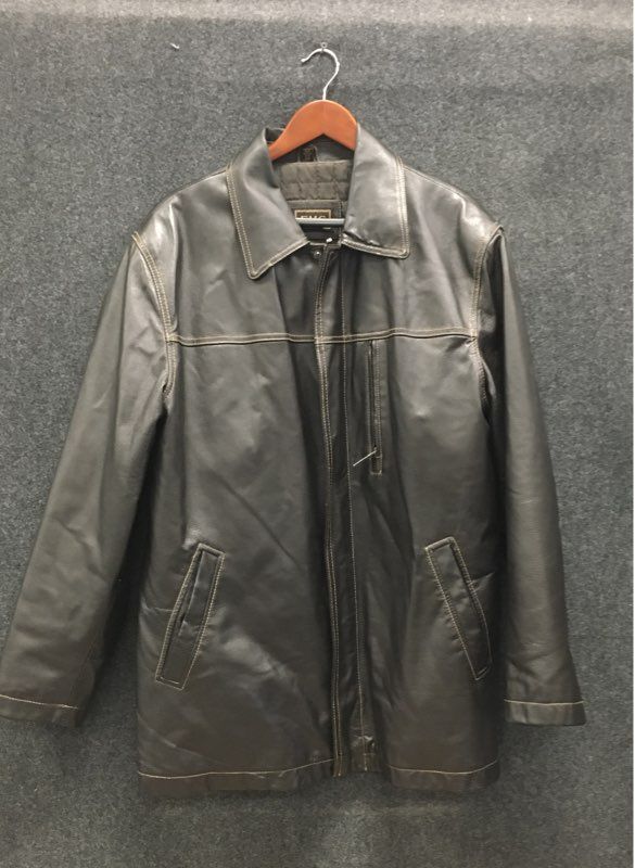 EMC Men's Dark Brown Leather Jacket Quilted Lined Contrast Stitch Car Coat Sz L