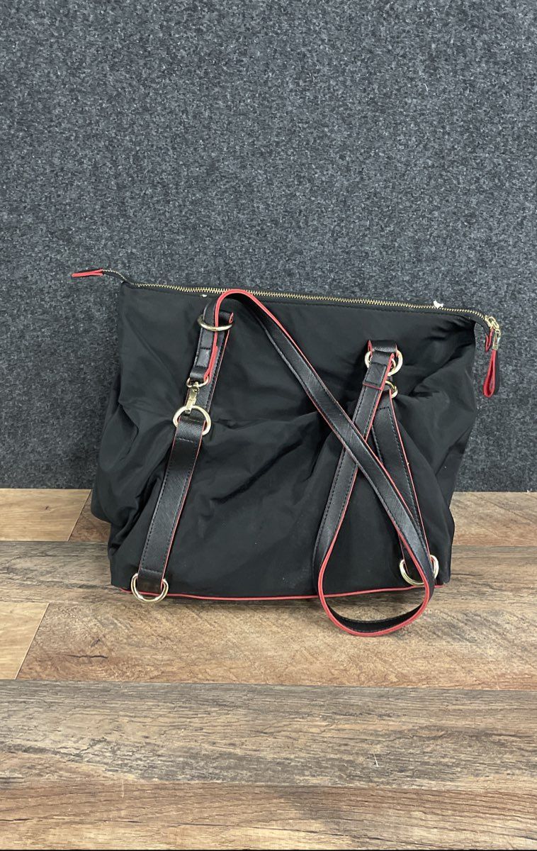 Big Buddha Black Nylon Large Tote Handbag Red Trim Gold Hardware