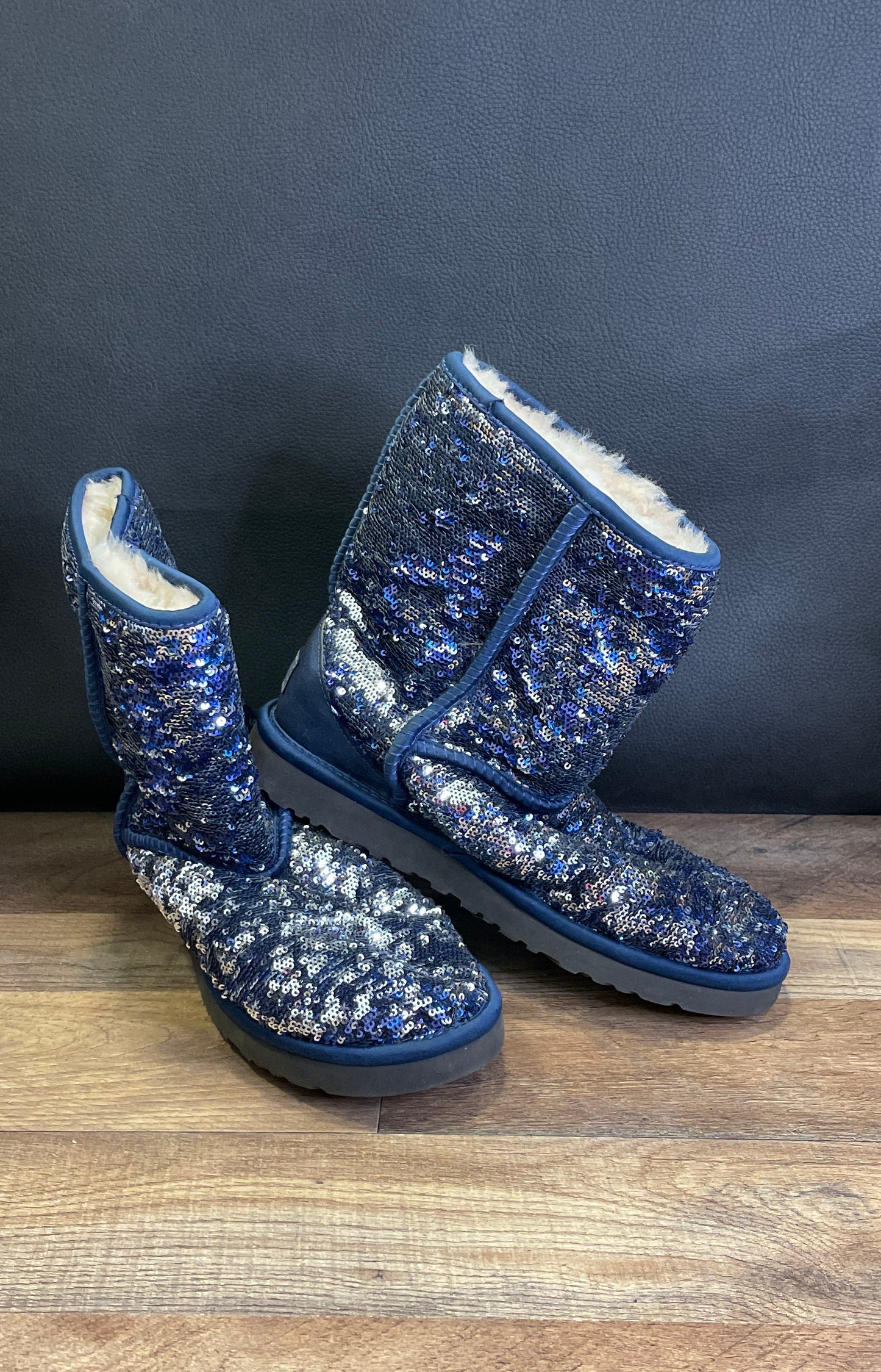 UGG Australia Classic Short Sparkles Blue Sequin Boots Women's Size 8