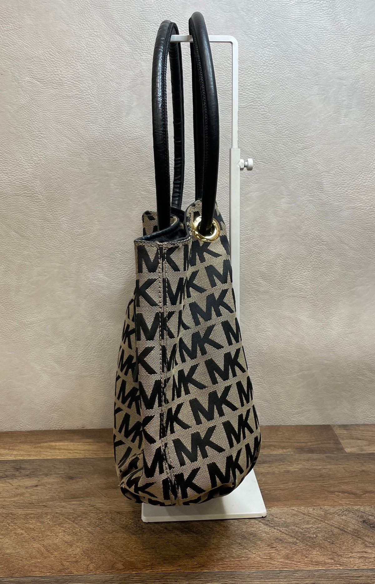 Michael Kors Black Beige Signature MK Monogram Canvas Tote Shoulder Bag
