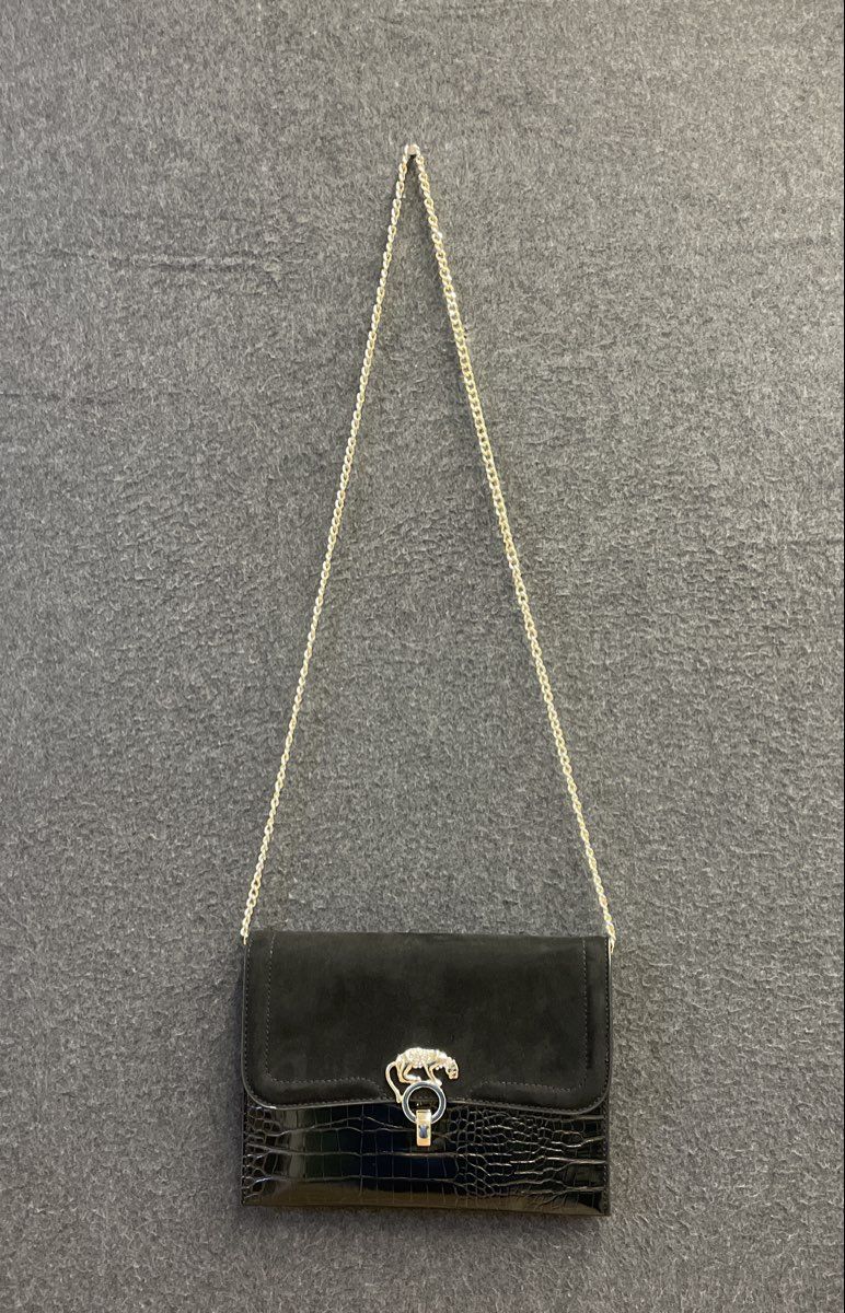 Topshop Black Croc Embossed Faux Leather Suede Panther Chain Crossbody Bag
