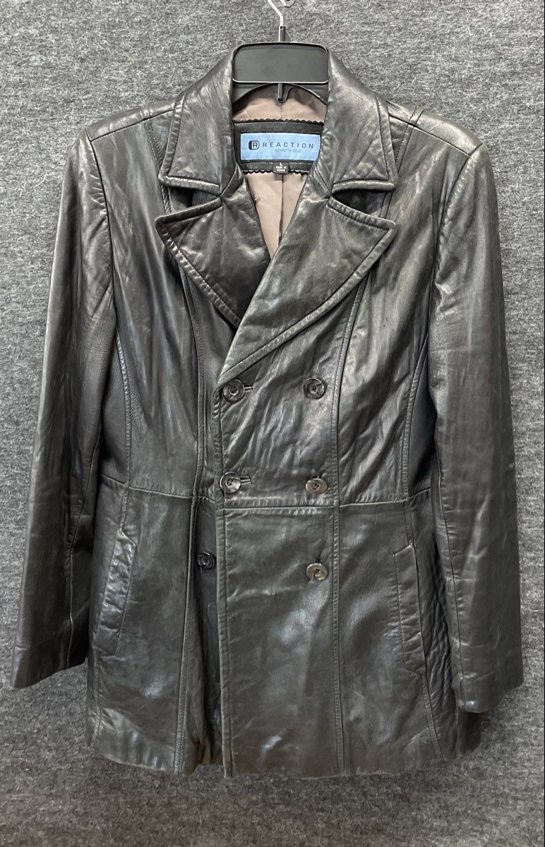 Reaction Kenneth Cole Women's Black Leather Double Breasted Trench Coat Sz L
