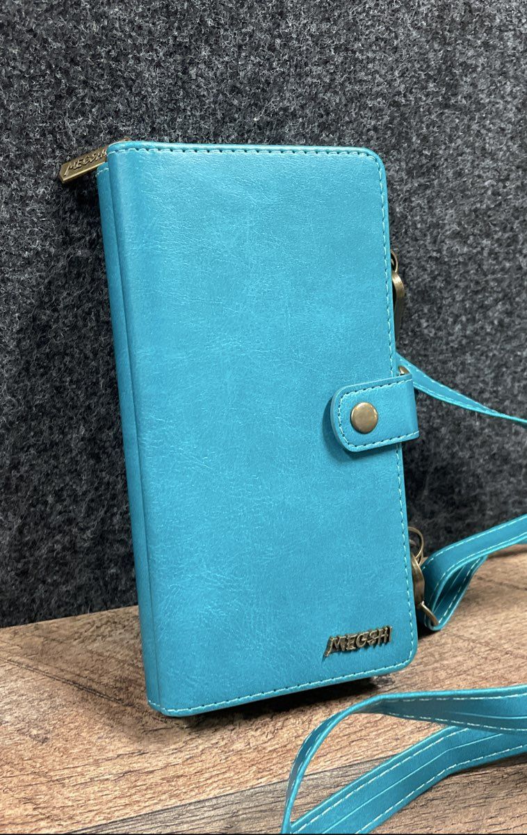 Megshi Crossbody Wallet Phone Case Teal Blue Vegan Leather Travel Organizer