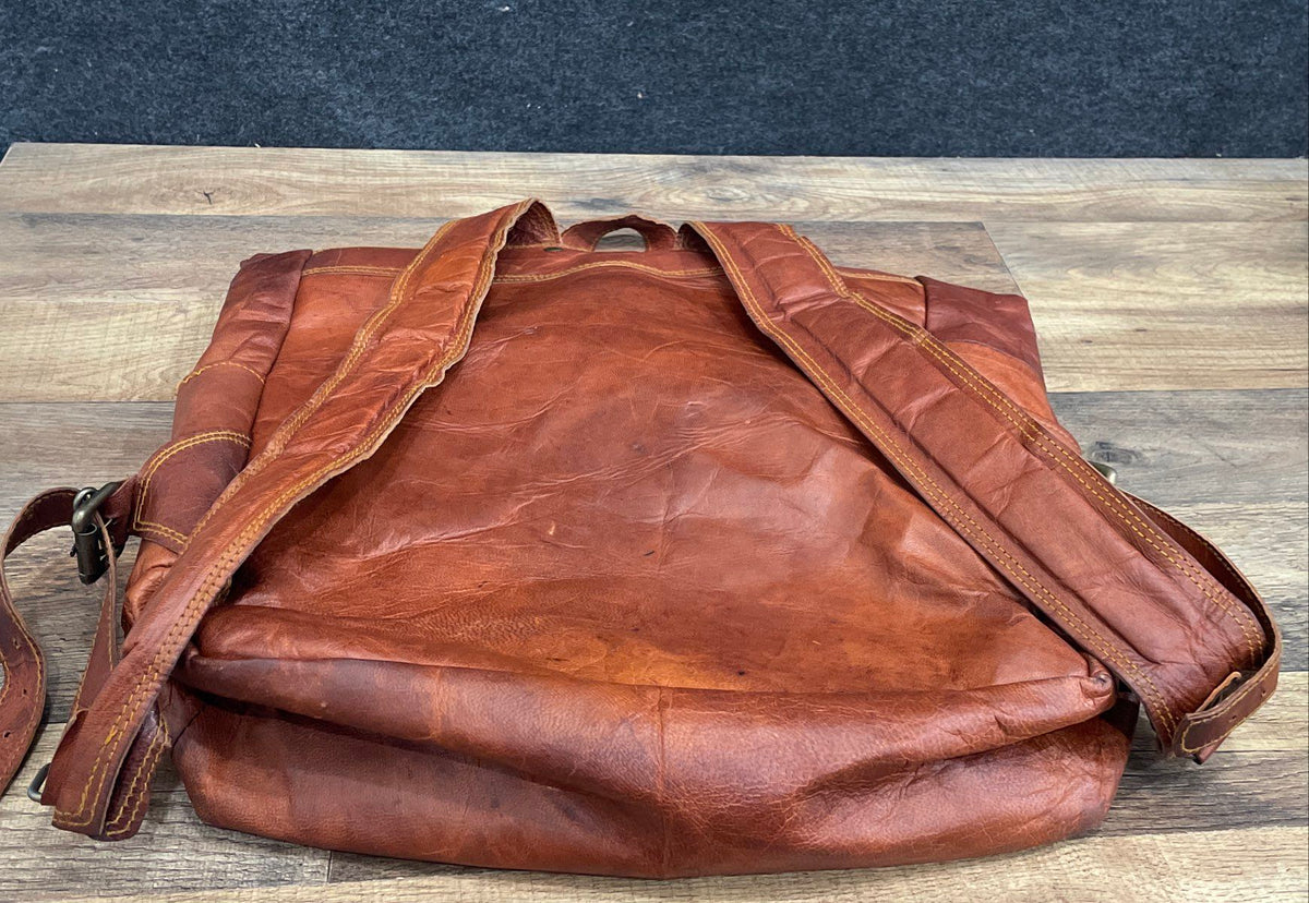 Unbranded Brown Leather Backpack Travel Rucksack Foldover Buckle Straps