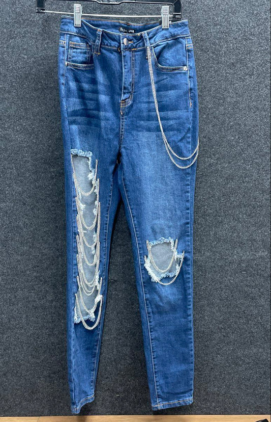 Fashion Nova Women's Chain The Channel Skinny Jeans Distressed High Rise 5 NWT