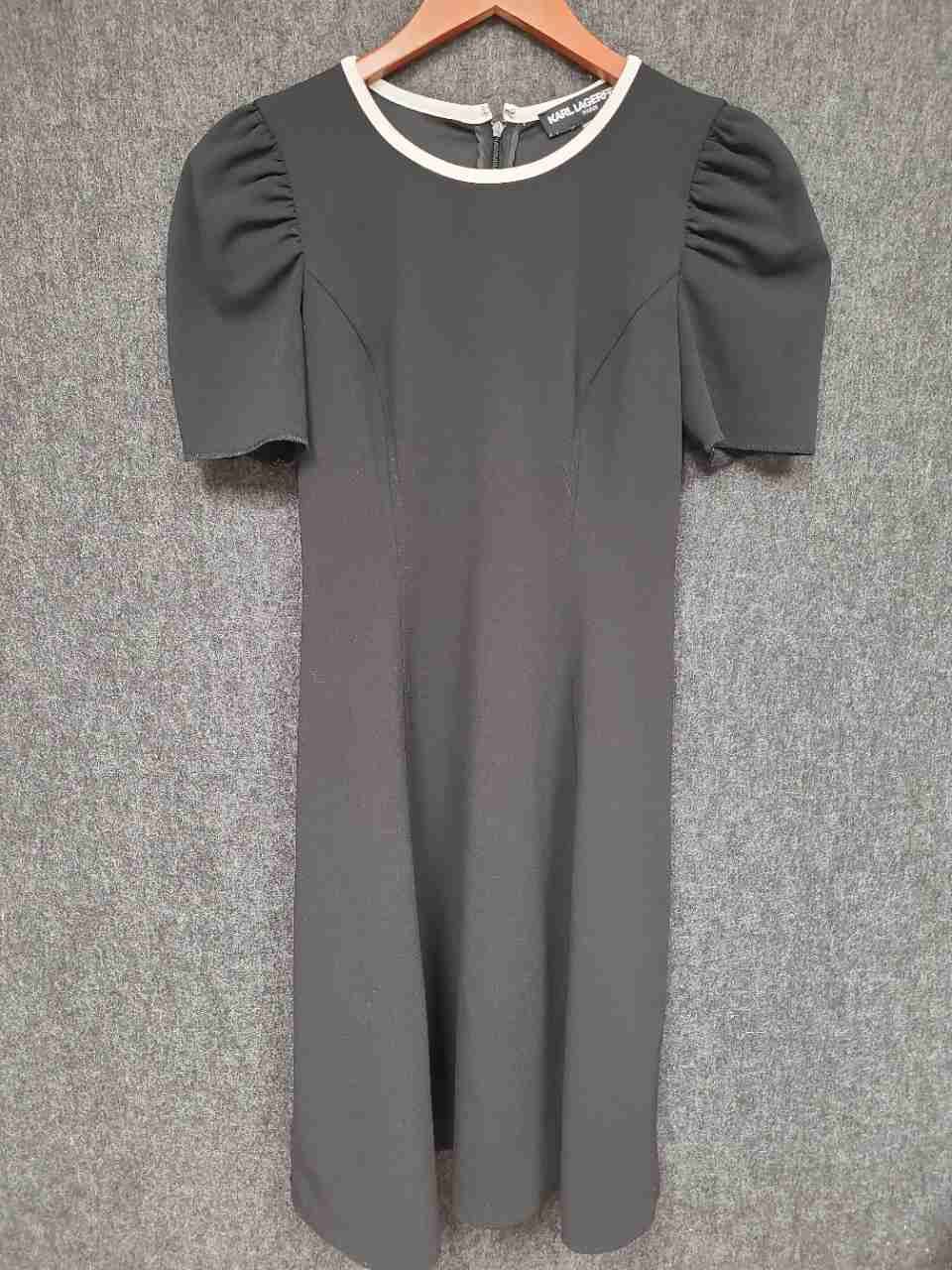 Karl Lagerfeld Paris Women's Black White Trim Puff Sleeve A-Line Dress Sz 2