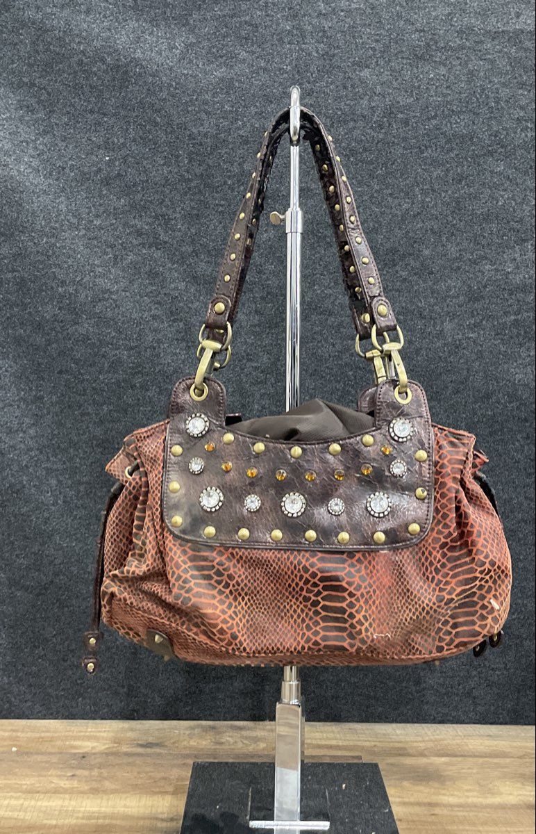 Miche Burgundy Faux Crocodile Studded Crystal Accent Shoulder Satchel Bag