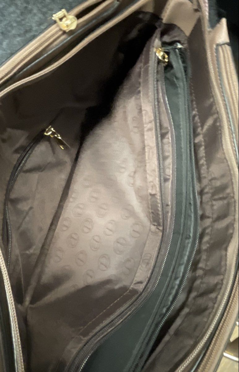 BaiMay Taupe Saffiano Textured Laptop Tech Tote Bag Gold Hardware Large