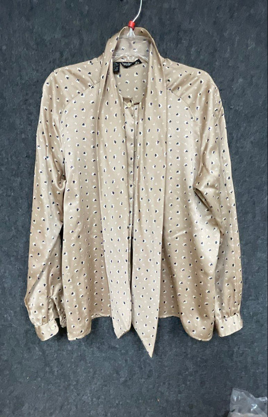 Vintage 90s Breckenridge Women's Tan Floral Satin Tie Neck Pussybow Blouse Shirt