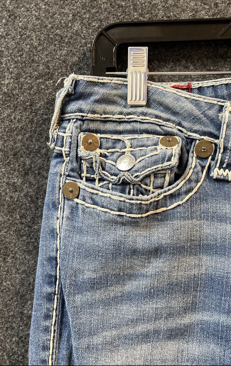 True Religion Women's Blue Billy Super T Jeans White Thick Stitch Sz 32