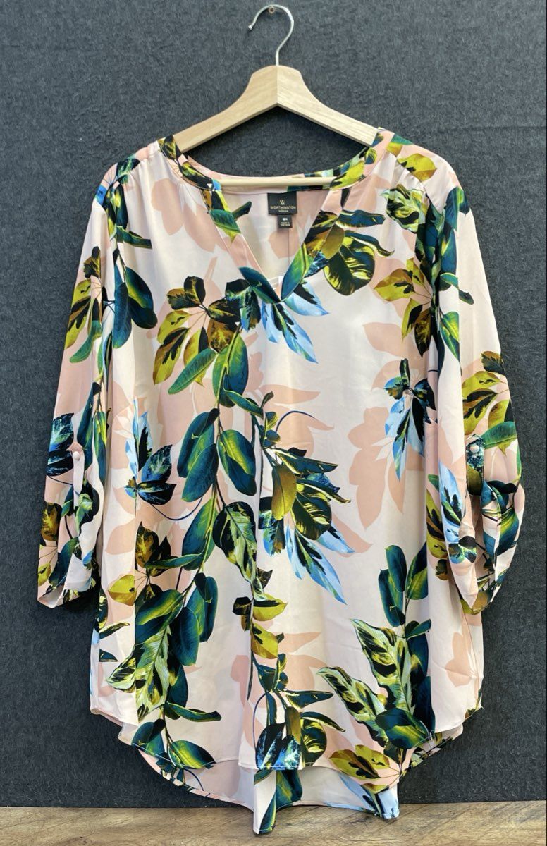 Worthington Women's Ophelia Rose Floral Blouse V-Neck Roll-Tab Sleeve NWT Sz 2X